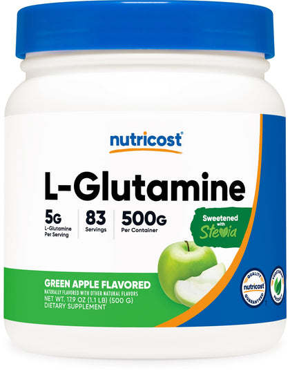 Nutricost L-Glutamine Powder Supplement (Green Apple) 500g - Gut Support, 5 Grams per Serving, Sweetened with Stevia - Gluten Free, Non GMO