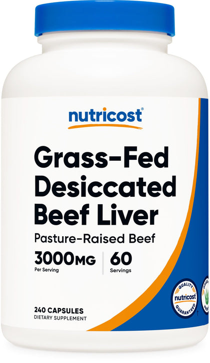 Nutricost Grass Fed Desiccated Beef Liver Capsules 3000mg (750mg Per Cap) - No Hormones, Non-GMO, Gluten Free, Pasture-Raised, Free Range Beef (240 Count (Pack of 1)) (expiry 7/01/2027)