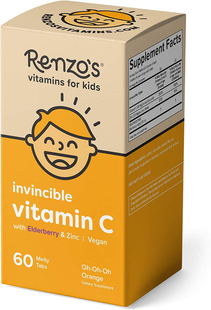 Renzo's Invincible Vitamin C for Kids with Elderberry & Zinc - Dissolvable Kids Vitamins for Immune Support - 60 Orange-Flavored Melty Tabs