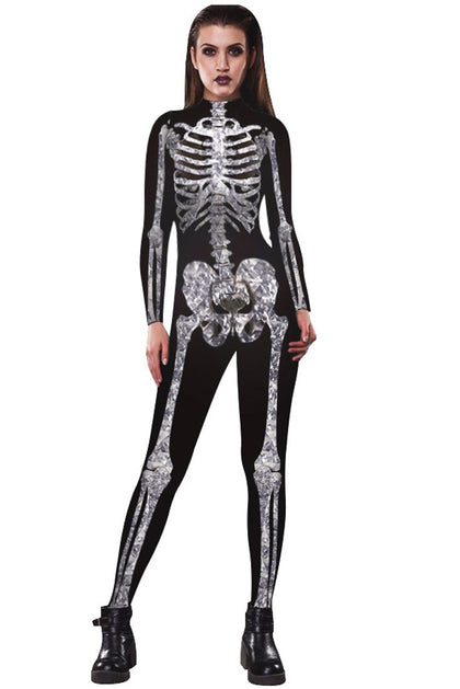 urvip women halloween skeleton costume stretch skinny catsuit jumpsuit bodysuit color-bax-003 l