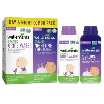 Wellements Organic Baby Gripe Water Day & Night Combo Pack | Relief for Occasional Upset Bellies from Baby Gas, Colic, Hiccups & Fussiness, Gentle*, USDA Certified Organic | Pack of 2, 4 Fl Oz