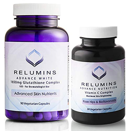 Relumins Advanced White Set - 1650mg Glutathione Complex (90 Capsules) and Advanced Vitamin C with Rose HIPS and Bioflavonoids (60 Capsules) Bundle