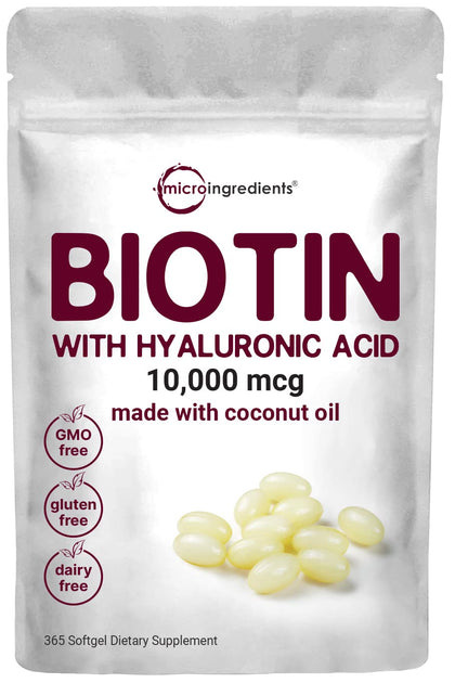 Micro Ingredients Biotin 10,000mcg w/Hyaluronic Acid 25mg | 365 Virgin Coconut Oil Softgels, Fast Release, One Year Supply, Supports Healthy Hair, Skin & Nails, Non-GMO & No Gluten