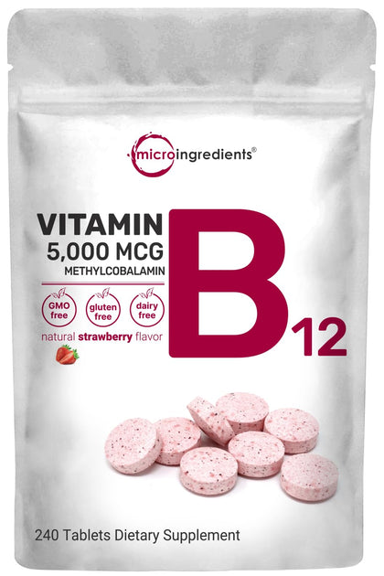 Micro Ingredients Vitamin B12 5000mcg | Methyl B12 Active Form - 240 Chewable Tablets | Fast Dissolve, Natural Strawberry Flavor, Support Energy, Metabolism Health | Vegan, Non-GMO, & No Glute