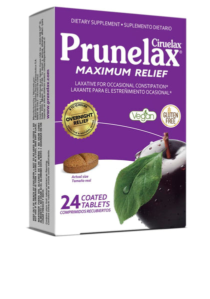 Prunelax Ciruelax Maximum Relief Laxative Tablets with Natural Senna for Occasional Constipation, Senna Extract, Vegan & Gluten-Free, Gentle Overnight Relief - 24ct