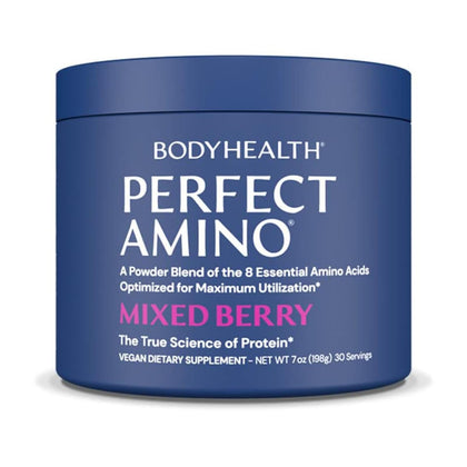 BodyHealth PerfectAmino Powder Mixed Berry (30 Servings) Best Pre/Post Workout Recovery Drink, 8 Essential Amino Acids Energy Supplement with 50% BCAAs, 100% Organic, 99% Utilization