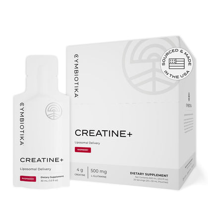 CYMBIOTIKA Creatine+, Creatine and Glutamine Supplement for Amino Energy, Recovery, Muscle Mass & Brain Support, Liposomal Delivery, Gluten Free & Vegan, Raspberry Flavor - 30ml Pouches (Pack of 20)