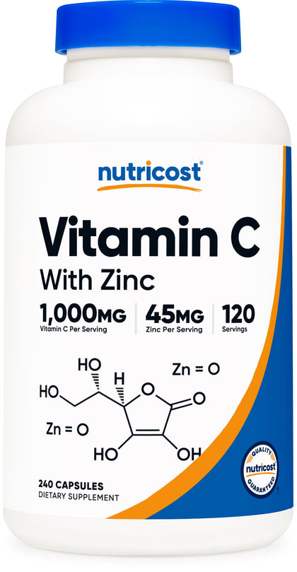 Nutricost Vitamin C with Zinc Supplement Capsules, 120 Servings - 1000mg Vitamin C, 45mg Zinc, Non-GMO, Gluten Free