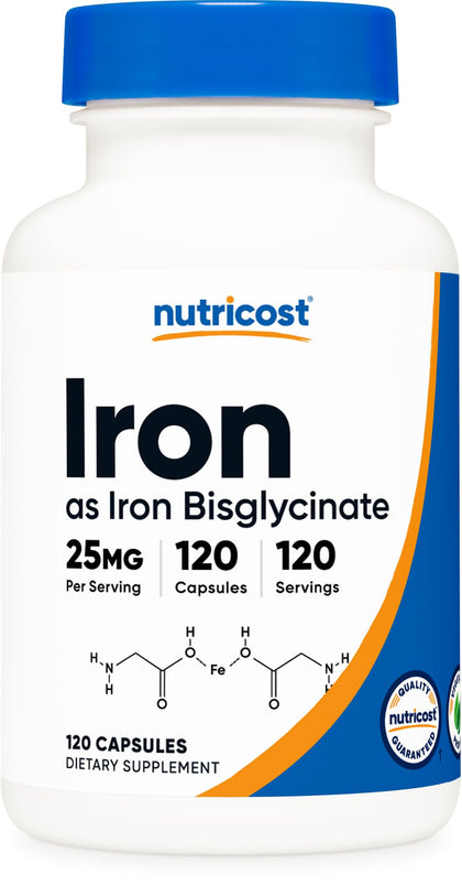 Nutricost Iron Bisglycinate Supplement (25mg) 120 Capsules - from Ferrous Bisglycinate Chelate - Non-GMO & Gluten-Free