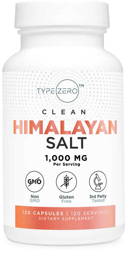 Type Zero Pink Himalayan Salt 1000mg, 120 Capsules - 320mg Sodium Per Serving - Non-GMO, Gluten Free