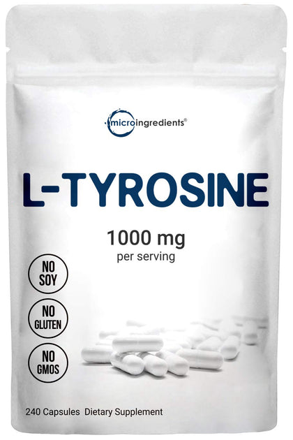 Micro Ingredients Plant Based L Tyrosine Pills, 1000mg Per Serving, 240 Capsules, Premium Tyrosine Pre Workout Supplement, Supports Mental Alertness Neurotransmitter, Non-GMO and Easy to Swallow