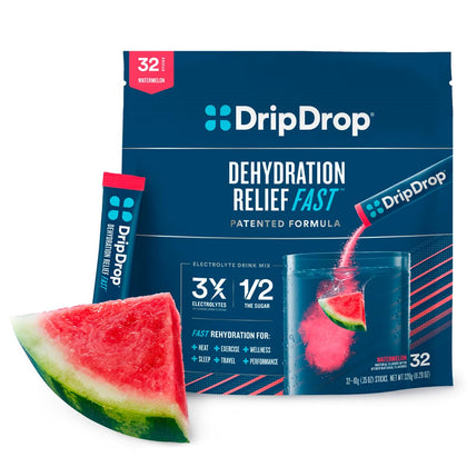 DripDrop Hydration - Watermelon - Electrolyte Drink Mix Single Serve Hydration Powder Packets | Non-GMO, Gluten Free, Vegan | 32 Sticks