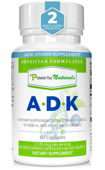 Power By Naturals ADK Vitamin Supplement: Vitamin A, Vitamin D3 5000 iu, and Vitamin K2 MK-7, Support Bone Health Vitamin ADK Supplement, Pure Vitamin D3 K2 MK7 & A, 60 Capsules (2 Month Supply)