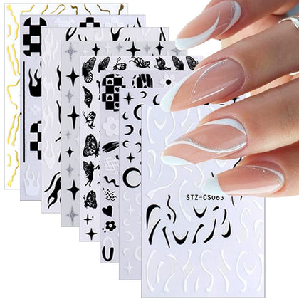 8 Sheets Black White Nail Art Stickers,Gold Nail Decals 3D Self Adhesive Nail Supplies Graffiti Fun Star Moon Flame Butterfly Floral French Line Simple Nail Design Sticker for Acrylic Nails Decoration