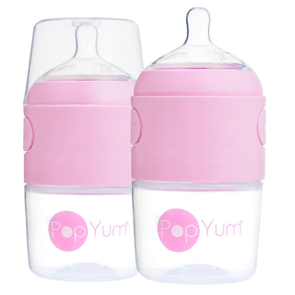 PopYum 5 oz Pink Anti-Colic Formula Making/Mixing/Dispenser Baby Bottles, 2-Pack (with #1 Nipples)