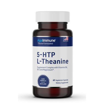 AgeImmune Serenity Formula for Stress Relief for Teens and Adults with 5-HTP, L-Theanine, Vitamin B6, Vitamin B12, Magnesium. 60 Veggie Capsules. Doctor Formulated, Magnesium Stearate Free.