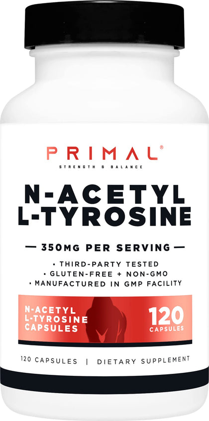 Primal N-Acetyl L-Tyrosine Capsules (120 Servings, 350mg Per Serving) (NALT) - Gluten Free, Non-GMO Amino Acid Supplement