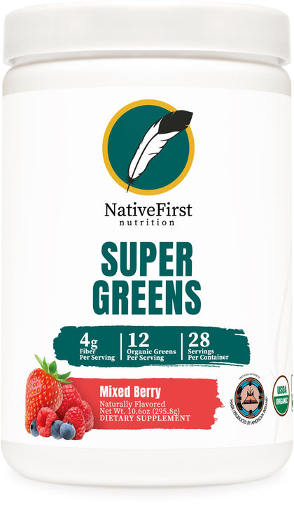 NativeFirst Super Greens Powder: Inspired by Native American Wisdom | Mixed Berry Flavor (28 Servings/More Than 9,000 mg Greens Per Serving) - Non-GMO, Gluten Free, Organic Superfood Powder