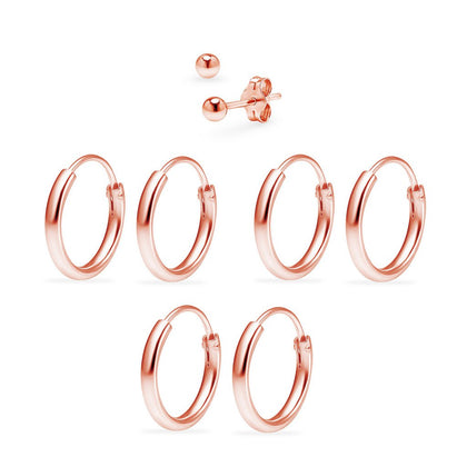 3 pairs sterling silver 10mm endless hoops & 1 pair 3mm ball stud unisex cartilage earrings set rose gold flashed