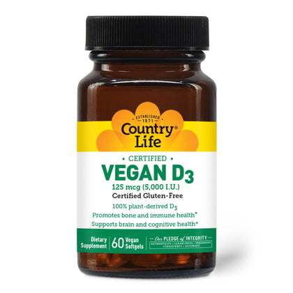 Country Life Vegan D3 5000 IU, 60 Softgels, Certified Gluten Free, Certified Vegan