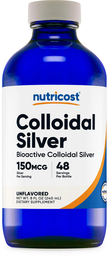 Nutricost Colloidal Silver 8oz 150mcg - Cobalt Blue Glass Bottles, Bio-Active Colloidal Silver