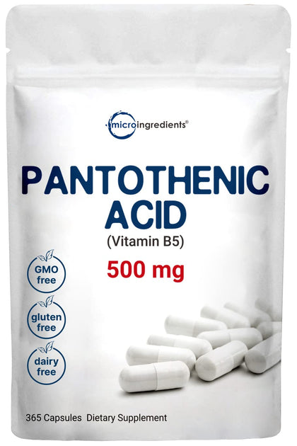 Micro Ingredients Pantothenic Acid Vitamin B5 Supplement, Vitamin B5 500mg Per Count, 365 Capsules (1 Year Supply), B-Complex Vitamin, Support Energy Production and Nervous System, Non-GMO