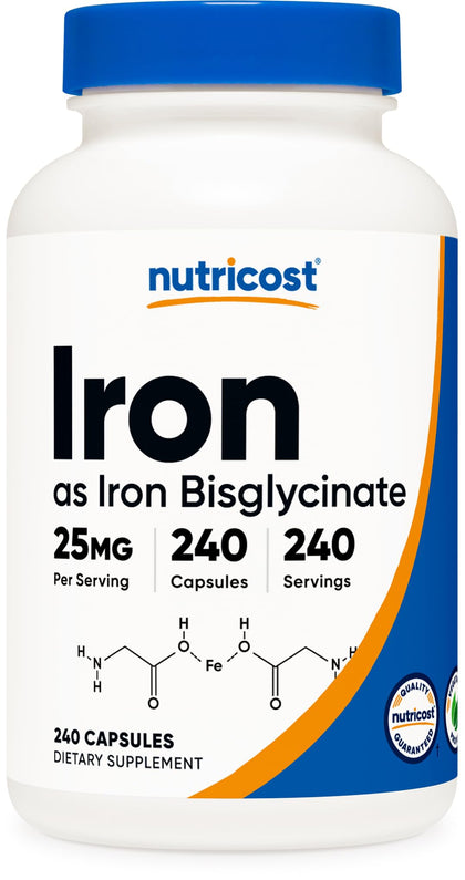 Nutricost Iron Bisglycinate Supplement (25mg) 240 Capsules - from Ferrous Bisglycinate Chelate - Non-GMO & Gluten-Free