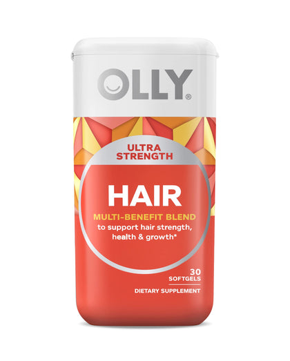 OLLY Ultra Strength Hair Softgels, Supports Hair Health, Biotin, Keratin, Vitamin D, B12, Hair Supplement, 30 Day Supply - 30 Count (Packaging May Vary)