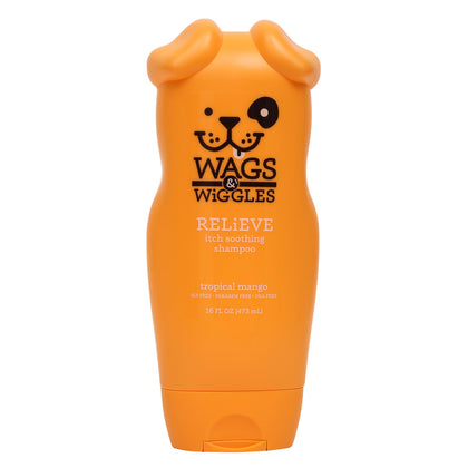 Wags & Wiggles Relieve Anti-Itch Dog Shampoo | Shampoo for All Dogs with Dry, Itchy, or Sensitive Skin | Fresh and Fruity Mango Scent Your Dog Will Love, 16 Ounces