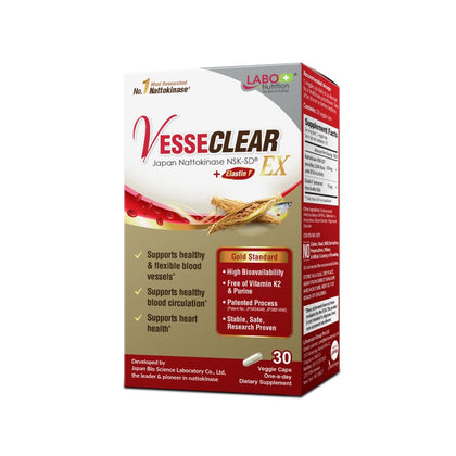 LABO Nutrition VesseCLEAR EX: Nattokinase NSK-SD+Elastin F for Clean & Flexible Blood Vessel. Japan's Most Clinically Studied, Functional Dose, Acid-Resistant/Delayed Release Capsules