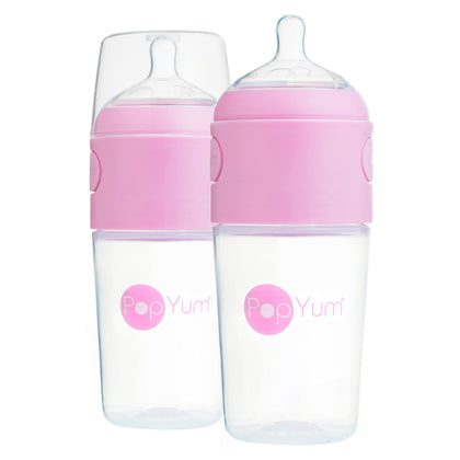 PopYum 9 oz Pink Anti-Colic Formula Making/Mixing/Dispenser Baby Bottles, 2-Pack (with #2 Nipples)