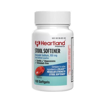 Heartland Pharma Docusate Sodium 100mg Laxatives Stool Softener Softgel - Regular Strength Stool Softener - Actual Size - Gentle, Dependable, and Stimulant-Free - (100 Count) 2 Pack