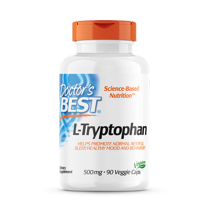 Doctor's Best L-Tryptophan , Helps Sleep, Healthy Mood & Behavior, Non-GMO, Vegan, Gluten & Soy Free, Veggie Caps, Promotes Normal, Healthy Restful Sleep, 90 Count