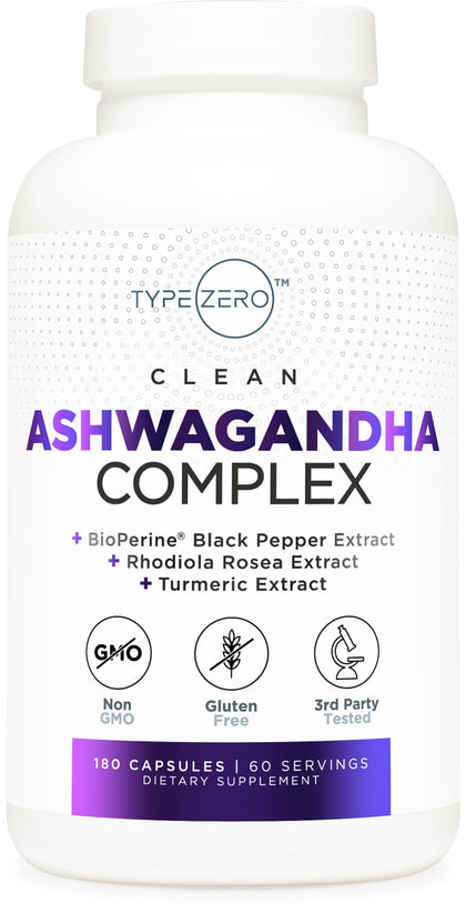 Type Zero KSM-66 Ashwagandha Root Extract 1,200mg, 60 Servings - High Potency 5% Withanolides - with Turmeric, Rhodiola Rosea and BioPerine Black Pepper Extract - 180 Veggie Caps