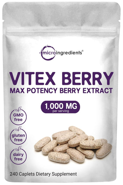 Micro Ingredients Vitex Berry Supplement, 1,000mg Per Serving, 240 Caplets | Potent Chaste Tree Berry Extract | Promotes Menstrual, Fertility, & Hormone Balance for Women | Non-GMO