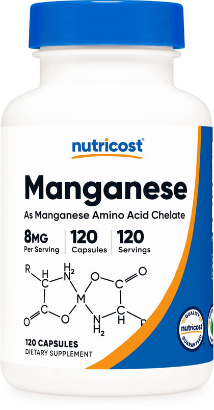 Nutricost Chelated Manganese Supplement 8mg, Amino Acid Chelate, 120 Capsules, 120 Servings - Gluten Free, Non-GMO and Vegetarian Friendly