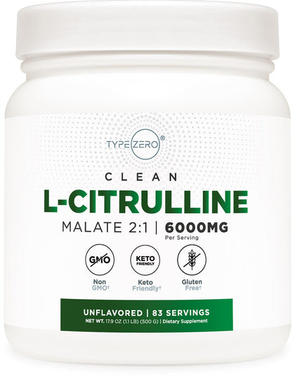 Type Zero Clean L-Citrulline Malate 2:1 Powder Drink Mix (500g, Unflavored) (83 Servings) - Keto Friendly, Gluten Free, Non-GMO