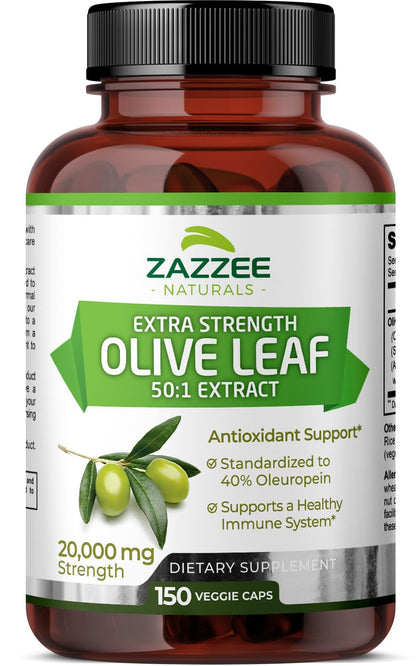 Zazzee Extra Strength Olive Leaf 50:1 Extract, 20,000 mg Strength, 40% Oleuropein, 150 Vegan Capsules, 5 Month Supply, Concentrated and Standardized 50X Extract, 100% Vegetarian, Non-GMO, All-Natural