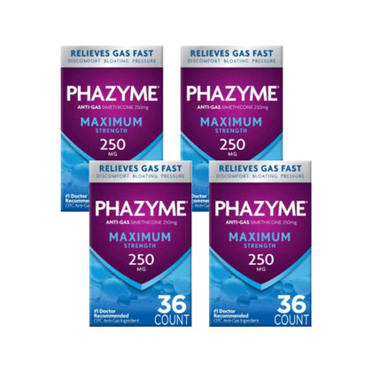 Phazyme Maximum Strength Gas and Bloating Relief | 250 mg Simethicone | 36 Fast GELS | Pack of 4