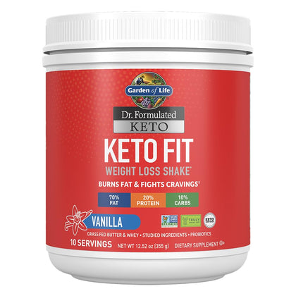 Garden of Life Dr. Formulated Keto Fit Weight Loss Shake - Vanilla Powder, 10 Servings, Truly Grass Fed Butter & Whey Protein, Studied Ingredients & Probiotics, Non-GMO, Gluten Free, Ketogenic, Paleo