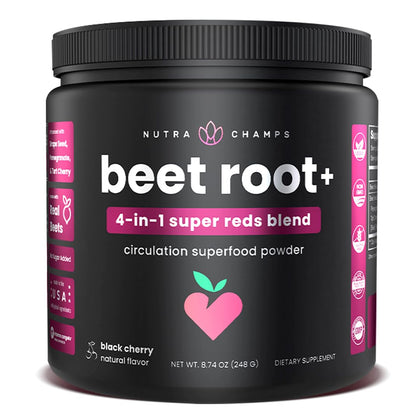 Beet Root Powder Circulation Supplement | Superfood Powder Nitric Oxide Supplement with Beetroot Juice, Super Reds Powder & Grape Seed Extract | No Sugar Beet Supplement