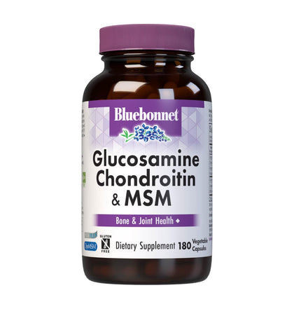 Bluebonnet Nutrition Glucosamine Chondroitin Plus MSM, Glucosamine, Chondroitin Sulfate, Vitamin C & OptiMSM, Bone & Joint Health, Non GMO, Gluten Free, Soy Free, Milk Free, 180 Vegetable Capsules