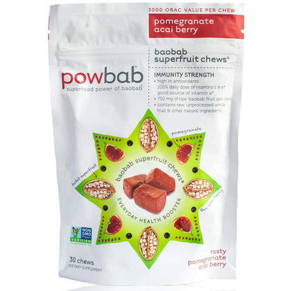 powbab Baobab Superfruit Chews - 750mg Raw Baobab Powder Organic. Immune Superfood Supplement, 100% Antioxidants for Cold Season Vitamin C. Acai Berry Powder Pomegranate Supplement, Non GMO, 30 Chews