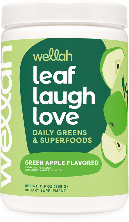 Wellah Leaf, Laugh, Love Super Greens Powder (Green Apple) 30 Servings - Superfood Supplement Drink Mix