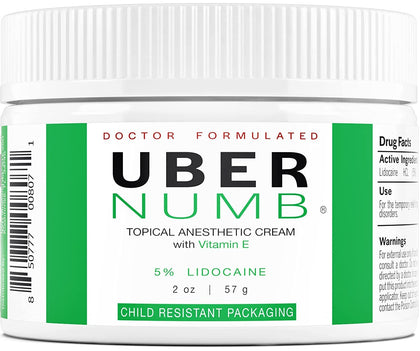 Uber Numb 5% Lidocaine Topical Numbing Cream Maximum Strength, 2 oz, Pain Relief Cream Anesthetic Cream Infused with Vitamin E and Allantoin