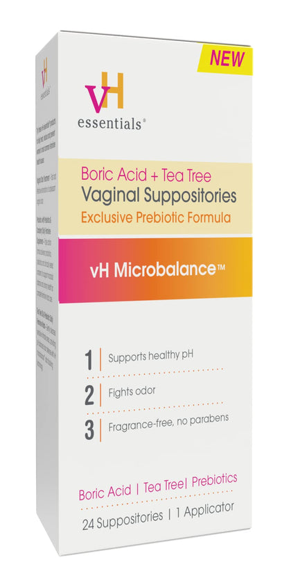 vH essentials Boric Acid + Tea Tree Vaginal Suppositories - Prebiotics Formula with Lactic Acid - PH Balance, Odor Control, Feminine Care - 24 Suppositories + Applicator, White, 2.4 Ounces (5397)