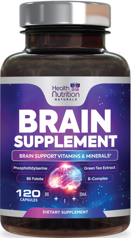 Brain Supplement for Memory and Focus - Nootropics for Concentration, Cognitive, & Mental Clarity Support, DMAE Bacopa, Phosphatidylserine, Brain Booster Health Vitamins B12, B6-120 Capsules