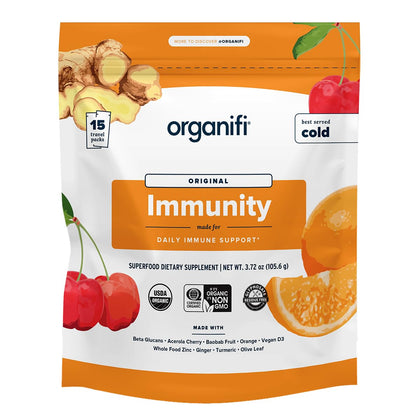 Organifi Immunity - Organic Superfood Immunity Support - 15 Single Serve Packets - Immunity Powder for T Cell Production and Upper Respiratory Health - Mushroom Beta Glucans, Vitamin C, D and Zinc