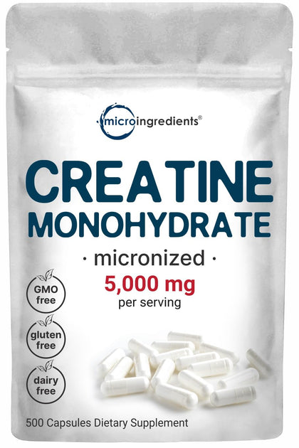 Creatine Monohydrate 5,000mg, 500 Capsules | Pure Creatine Pills - Micronized + Unflavored Powder Source, Easy Absorption | Pre Workout & Muscle Health Support | Keto, Non-GMO