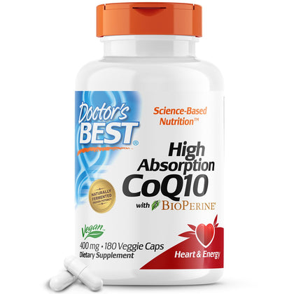 Doctor's Best High Absorption CoQ10 with BioPerine, Heart Health & Energy Production, Naturally Fermented, Non-GMO, Gluten Free, Vegan, 400 mg, 180 Veggie Caps